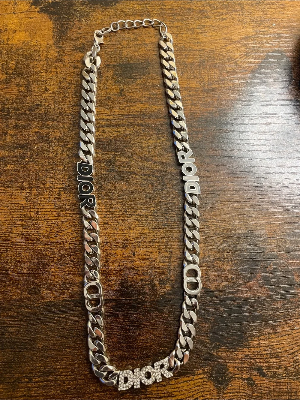 Dior Men’s Silver Chain Necklace with Paved DIOR Pendant